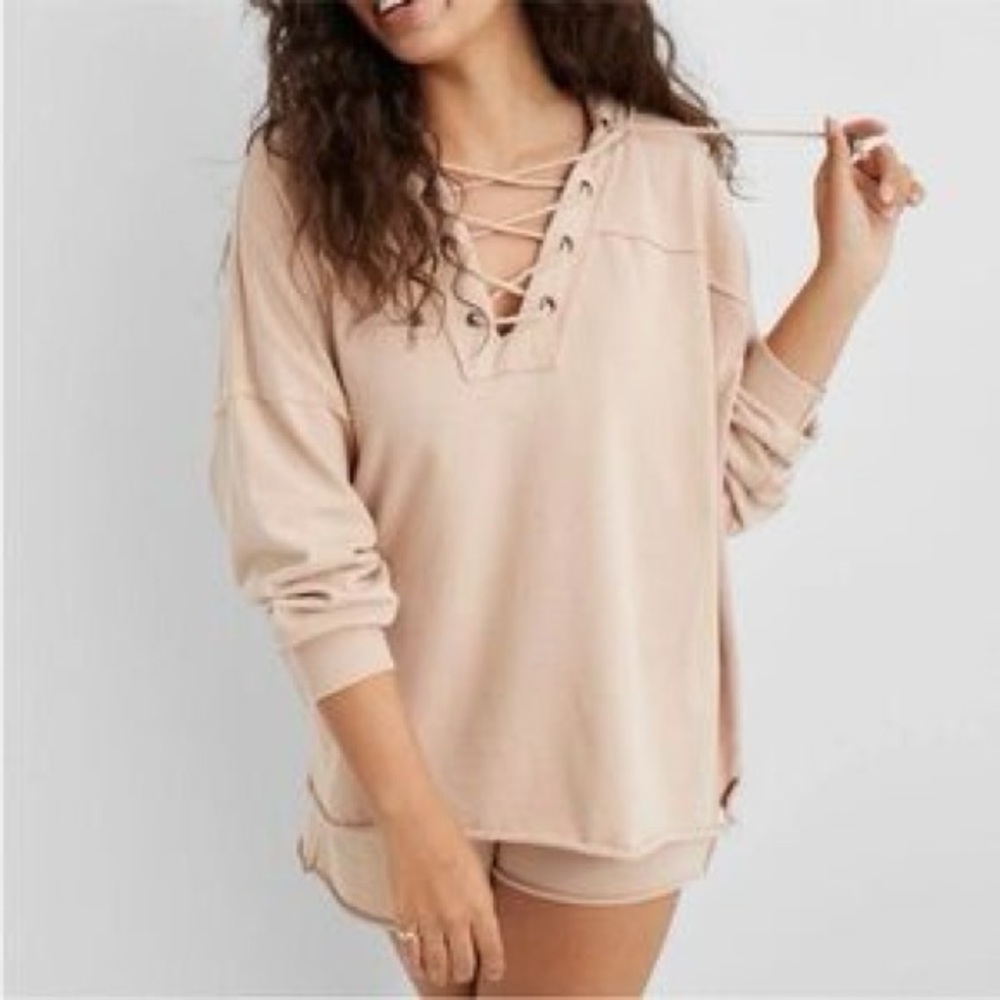 Aerie Lace-Up Long Sleeve Oversized Lightweight Cotton Pullover Sweatshirt S